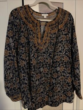 J. Jill Navy Tunic with Gold & Ivory Floral Beaded Neckline